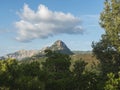 View of limestone mountain Monte Oseli over green tree forest in Ogliastra, Urzulei, Sardinia, Italy. Summer, blue sky Royalty Free Stock Photo