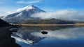 View of the Limpiopungo lagoon with the Cotopaxi volcano reflected in the water on a cloudy morning Royalty Free Stock Photo