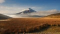 View of Limpiopungo lagoon with volcano Cotopaxi in the background on a cloudy morning