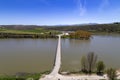 Bridge over the Linares reservoir that gives access to the town of Maderuelo. Segovia, Castile and Leon, Spain.