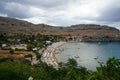 View of Lindos beach in August. Lindos, Rhodes Island, Dodecanese, Greece Royalty Free Stock Photo