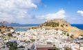 View of Lindos village with Acropolis Rhodes, Greece Royalty Free Stock Photo