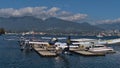 View of lined up seaplanes operated by airline Harbour Air mooring at Vancouver Harbour Flight Centre.