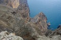 View of Lion rock in the Black sea. Karadag Reserve in spring. Crimea