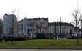 View of Lion`s Bridge from 1889 with lion sculptures, ancient buildings, intersection and traffic lights, Sofia, Bulgaria