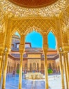 The view on Lions Court through the portico, Palace of Lions, Alhambra, Granada, Spain