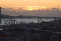 View of Lisbon and the 25th of April Bridge at Sunset Royalty Free Stock Photo