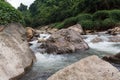 View of a little cascade falls of water over mountain river rocks Royalty Free Stock Photo