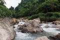 View of a little cascade falls of water over mountain river rocks Royalty Free Stock Photo