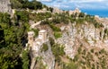 View of little castle Torretta Pepoli and Church of St. John the Baptis in Erice, province of Trapani in Sicily.