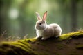 View of a little cute rabbit who sits on a log in the spring forest, close-up with selective focus Royalty Free Stock Photo