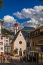 View of little St. Anthony`s Chapel in the historic center of Ortisei mountain village Royalty Free Stock Photo