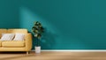 View of living room in minimal style with yellow sofa and fiddle fig on laminate floor