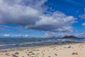 View of Lobos from Corralejo beach with dramatic cloads Royalty Free Stock Photo