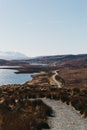 View of the Loch Leathan and the road from Old Man of Storr trek, Isle of Skye, Scotland. Royalty Free Stock Photo