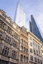 View of London City Sky Scrapers, old and new. Dynamic images combining past and present architectural designs. Royalty Free Stock Photo