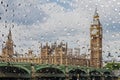 View on London city through water drops on glass after rain. Weather and forecast concept Royalty Free Stock Photo