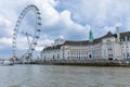 View of London County Hall and Aquarium on South Bank of River Thames