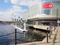 view of the London Emirates cable car line in East London from the Royal Docks terminal