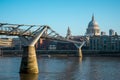 A view of London Millenium Bridge and St Paul`s Cathedral from Bankside in South Bank of Thames River Royalty Free Stock Photo