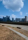 View of london tall buildings with parched grass park under blue sky with puffy clouds Royalty Free Stock Photo