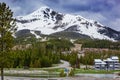 View of Lone Mountain with buildings and pine trees on the foot of the mountain, Big Sky, Montana, USA Royalty Free Stock Photo