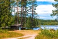 View of a lonely lake in Sweden with a wooden hut on a sunny day