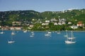 View of Long Bay, St. Thomas island, US Virgin Islands from water with multiple yachts and boats on the foreground Royalty Free Stock Photo