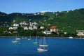 View of Long Bay, St. Thomas island, US Virgin Islands from water with multiple yachts and boats on the foreground