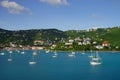 View of Long Bay, St. Thomas island, US Virgin Islands from water with multiple yachts and boats on the foreground Royalty Free Stock Photo