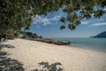 View long tail boat docking at harbor on Ton Sai Bay, Phi Phi Islands, Andaman Sea, Thailand