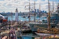 Darling Harbour Lighthouse and moored ships in Sydney Royalty Free Stock Photo
