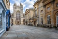 View looking down Abbey Churchyard to Bath Abbey deserted due to Coronavirus pandemic in Bath, Somerset, UK