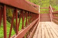 a view, looking down from the top of a long wooden staircase located in a forest. Part of a hiking trail and used to connect Royalty Free Stock Photo