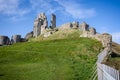 View looking up at the Keep of Corfe Castle seen from inside the castle grounds in Corfe, Dorset, UK