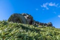 A view looking up towards a rocky crag on Ilkley moor above the town of Ilkley Yorkshire, UK Royalty Free Stock Photo