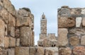 View through the loophole in the city fortress wall at the Tower of David near the Jaffa Gate in old city of Jerusalem, Israel Royalty Free Stock Photo