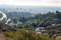 View of Los Angeles from the Hollywood Hills. Down Town LA. Hollywood Bowl. Warm sunny day. Beautiful clouds in blue sky