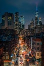 View of the Lower East Side and Financial District at night, from the Manhattan Bridge in New York City Royalty Free Stock Photo