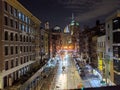 View of lower Manhattan, Chinatown and Financial district at night. Skyscrapers with lights on in New York City Royalty Free Stock Photo