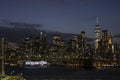 View of lower Manhattan and Financial district at night. Skyscrapers with lights on in New York City Royalty Free Stock Photo