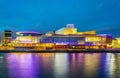 View of the Lowry theater in Manchester during sunset, England