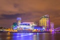 View of the Lowry theater in Manchester during sunset, England