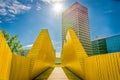 View on the Luchtsingel, a crowdfunded wooden yellow foot bridge, connecting park pompenburg, hofplein and dakakker in Rotterdam Royalty Free Stock Photo