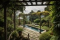 view of lush garden and pergola, with a view of the swimming pool