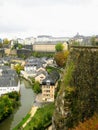 Luxembourg City with Alzette River passing through the Grund Quarter and Abbey de Neumunster. Royalty Free Stock Photo