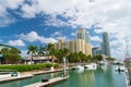 View of luxurious boats and yacht docked in a Miami South Beach Marina. Reach life concept Royalty Free Stock Photo