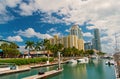 View of luxurious boats and yacht docked in a Miami South Beach Marina. Reach life concept Royalty Free Stock Photo