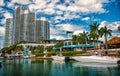 View of luxurious boats and yacht docked in a Miami South Beach Marina. Reach life concept. Real estate Royalty Free Stock Photo