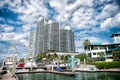 View of luxurious boats and yacht docked in a Miami South Beach Marina. Reach life concept. Real estate concept Royalty Free Stock Photo